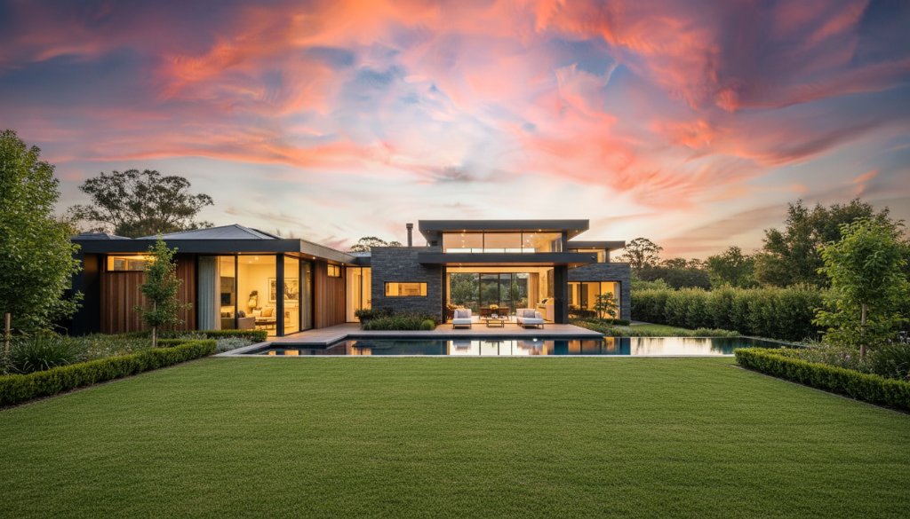 Golden hour illuminates a luxurious Ringwood North home, showcasing its open-plan living and beautiful garden, a prime example of Ringwood North Real Estate Photography Marketing Success.