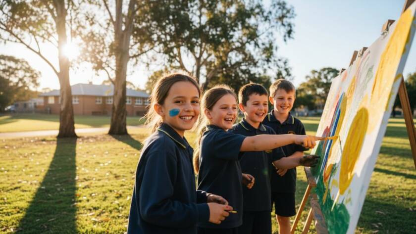 A vibrant, wide-angle "epic moment" photograph capturing a diverse group of primary school children in Ringwood North, joyfully laughing and interacting during an outdoor activity in a sun-drenched school oval. The focus keyphrase is Ringwood North school photography capturing genuine student moments. Golden hour light bathes the scene, highlighting their energetic expressions and the natural, lush greenery of the surrounding landscape, possibly hinting at Ringwood North's parklands. The composition features dynamic leading lines and shallow depth of field, with sharp focus on the children's faces, conveying authentic emotion and connection.