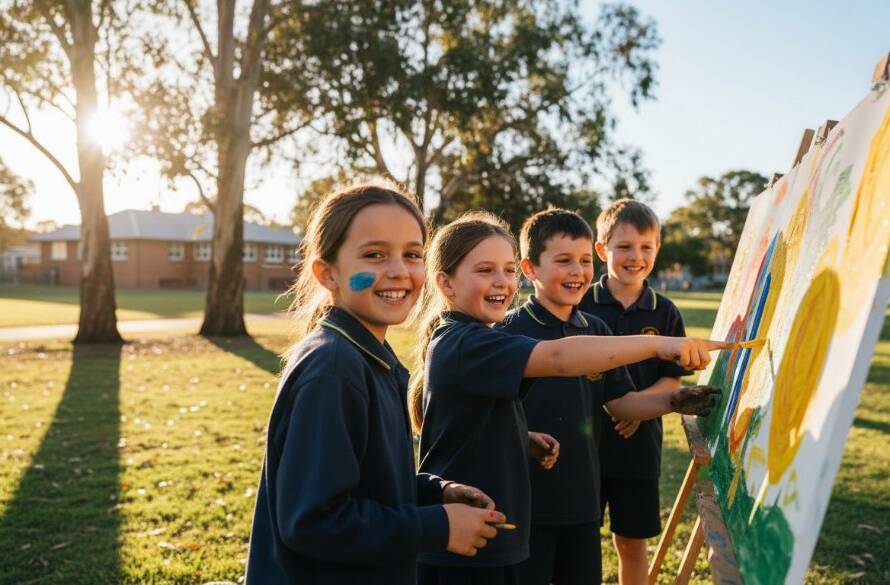 A vibrant, wide-angle "epic moment" photograph capturing a diverse group of primary school children in Ringwood North, joyfully laughing and interacting during an outdoor activity in a sun-drenched school oval. The focus keyphrase is Ringwood North school photography capturing genuine student moments. Golden hour light bathes the scene, highlighting their energetic expressions and the natural, lush greenery of the surrounding landscape, possibly hinting at Ringwood North's parklands. The composition features dynamic leading lines and shallow depth of field, with sharp focus on the children's faces, conveying authentic emotion and connection.