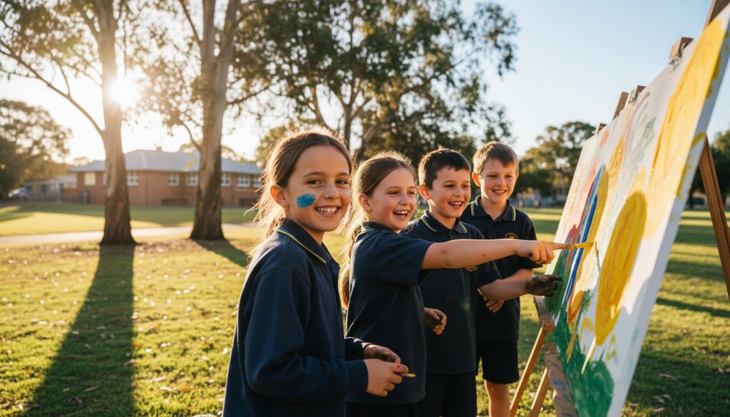 A vibrant, wide-angle "epic moment" photograph capturing a diverse group of primary school children in Ringwood North, joyfully laughing and interacting during an outdoor activity in a sun-drenched school oval. The focus keyphrase is Ringwood North school photography capturing genuine student moments. Golden hour light bathes the scene, highlighting their energetic expressions and the natural, lush greenery of the surrounding landscape, possibly hinting at Ringwood North's parklands. The composition features dynamic leading lines and shallow depth of field, with sharp focus on the children's faces, conveying authentic emotion and connection.