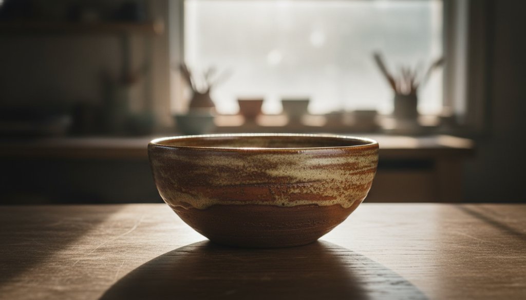 Dramatic close-up of a meticulously crafted artisanal ceramic mug, handcrafted in Ringwood, bathed in warm, cinematic light, showcasing its unique texture and glaze, representing professional Ringwood product photography for artisanal brands.