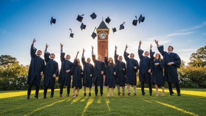 Ringwood school photography capturing authentic student moments: A wide-angle, vibrant shot of jubilant high school students in their graduation caps and gowns tossing them into the air on a sunny day at Ringwood Lake Park, with the iconic Ringwood clock tower visible in the background, professional cinematic lighting.