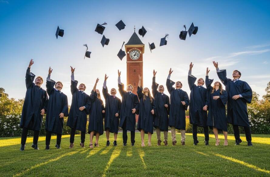 Ringwood school photography capturing authentic student moments: A wide-angle, vibrant shot of jubilant high school students in their graduation caps and gowns tossing them into the air on a sunny day at Ringwood Lake Park, with the iconic Ringwood clock tower visible in the background, professional cinematic lighting.