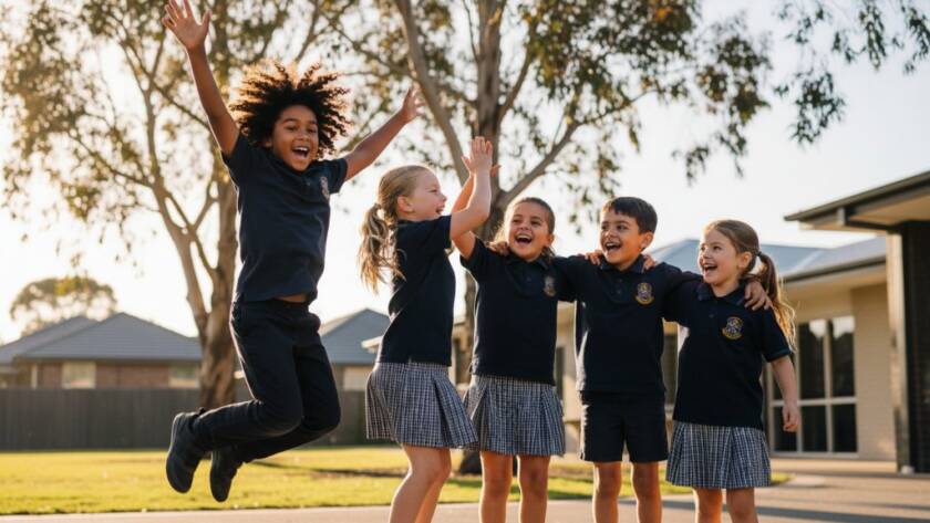 A vibrant, candid photograph capturing genuine student joy at a Ringwood school, a group of diverse students laughing enthusiastically in an outdoor setting with sunlight dappling through gum trees, highlighting the celebratory atmosphere and a sense of community.