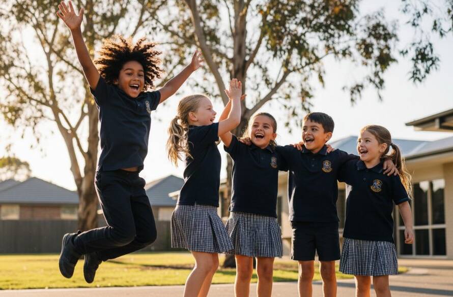 A vibrant, candid photograph capturing genuine student joy at a Ringwood school, a group of diverse students laughing enthusiastically in an outdoor setting with sunlight dappling through gum trees, highlighting the celebratory atmosphere and a sense of community.