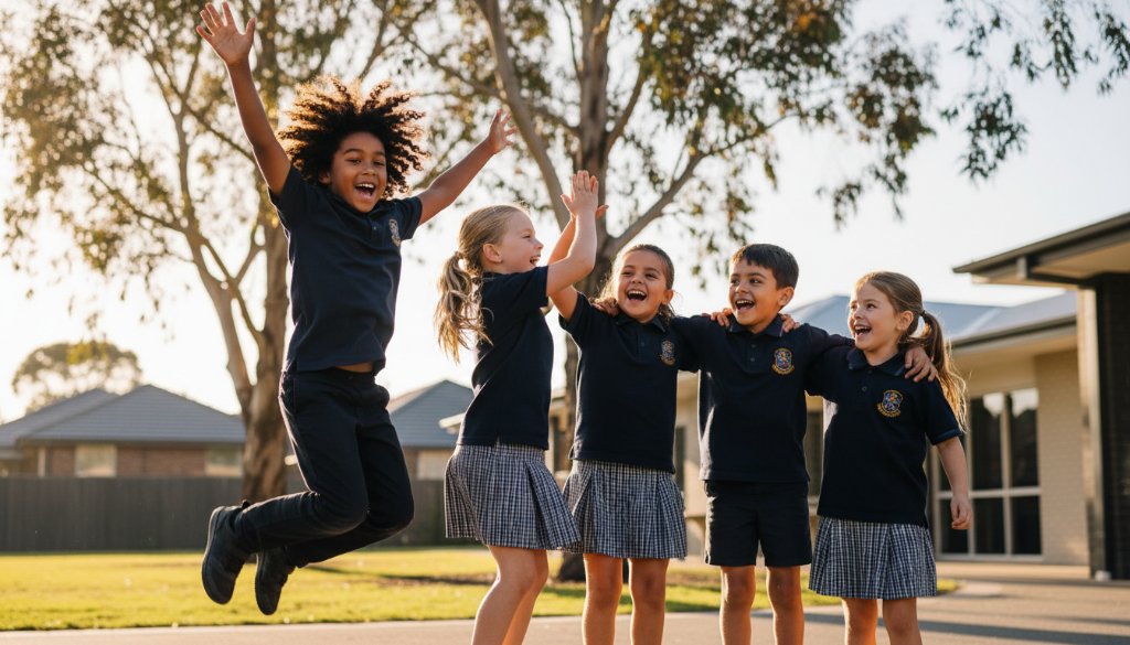 A vibrant, candid photograph capturing genuine student joy at a Ringwood school, a group of diverse students laughing enthusiastically in an outdoor setting with sunlight dappling through gum trees, highlighting the celebratory atmosphere and a sense of community.