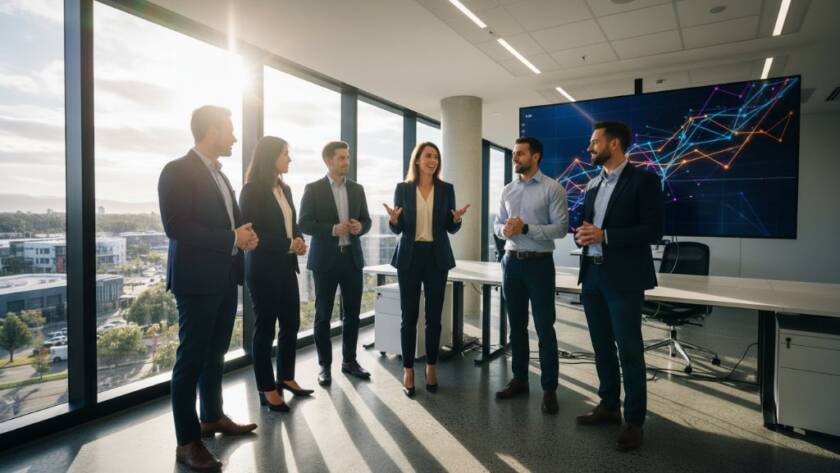 Dynamic wide shot capturing a diverse group of professionals collaborating in a modern, light-filled office space in Ringwood, Victoria, showcasing the vibrancy of Ringwood VIC professional corporate photography, with strong, directional sunlight creating dramatic highlights and shadows.