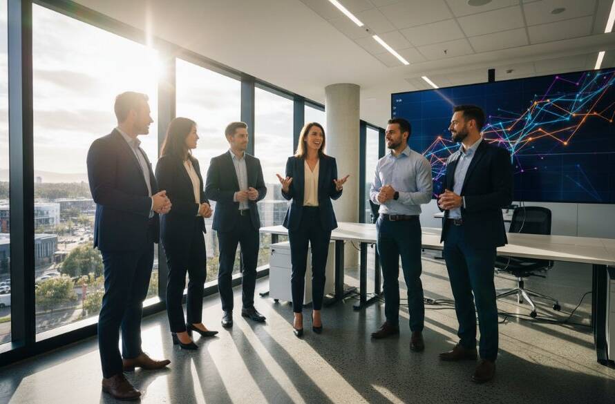 Dynamic wide shot capturing a diverse group of professionals collaborating in a modern, light-filled office space in Ringwood, Victoria, showcasing the vibrancy of Ringwood VIC professional corporate photography, with strong, directional sunlight creating dramatic highlights and shadows.