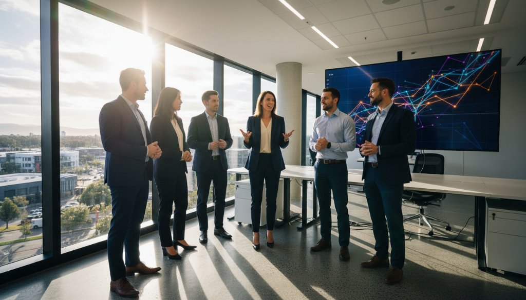 Dynamic wide shot capturing a diverse group of professionals collaborating in a modern, light-filled office space in Ringwood, Victoria, showcasing the vibrancy of Ringwood VIC professional corporate photography, with strong, directional sunlight creating dramatic highlights and shadows.