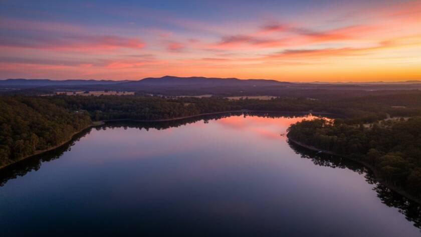 An epic moment captured with Ringwood Victoria aerial photography breathtaking views, showing a vibrant sunset over the Maroondah Reservoir near Ringwood, with golden light illuminating lush trees and a tranquil water surface, shot from a drone perspective with cinematic colour grading.