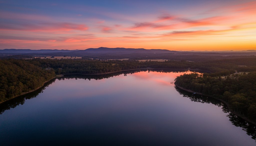 An epic moment captured with Ringwood Victoria aerial photography breathtaking views, showing a vibrant sunset over the Maroondah Reservoir near Ringwood, with golden light illuminating lush trees and a tranquil water surface, shot from a drone perspective with cinematic colour grading.