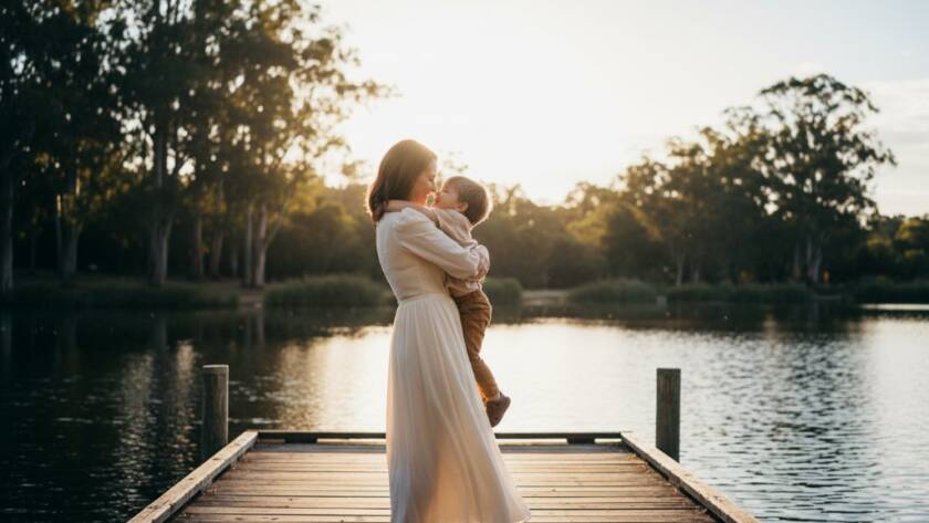 An awe-inspiring, emotionally charged fine art photograph in Ringwood, Victoria, capturing a family moment bathed in golden hour light near Ringwood Lake, embodying Ringwood Victoria emotive fine art photography with a dramatic, cinematic feel.