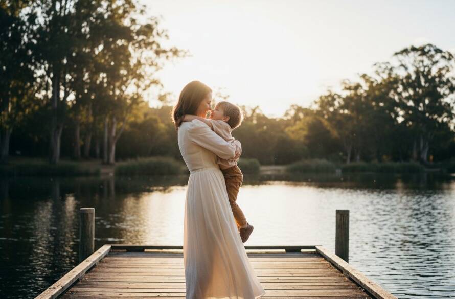 An awe-inspiring, emotionally charged fine art photograph in Ringwood, Victoria, capturing a family moment bathed in golden hour light near Ringwood Lake, embodying Ringwood Victoria emotive fine art photography with a dramatic, cinematic feel.