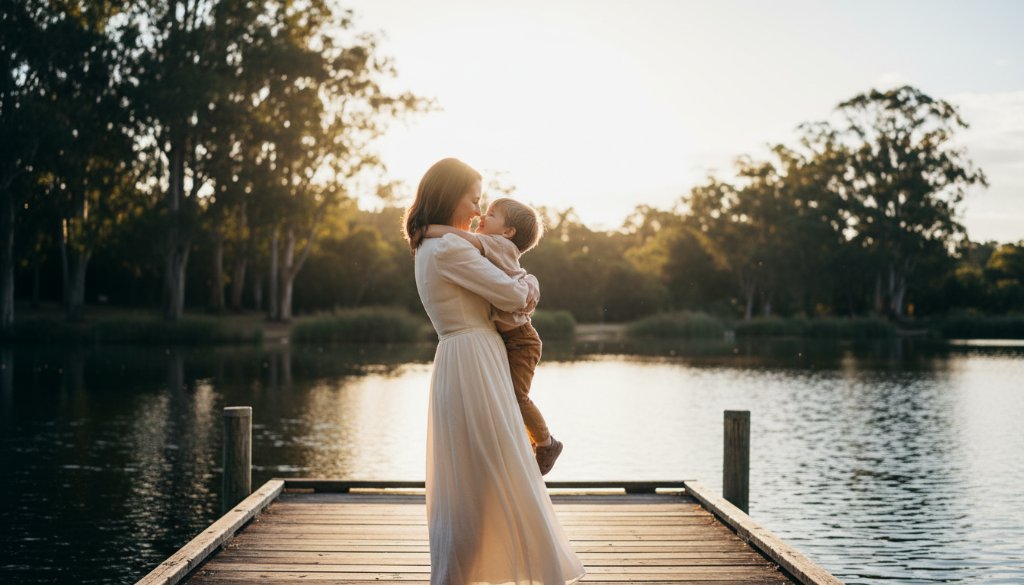 An awe-inspiring, emotionally charged fine art photograph in Ringwood, Victoria, capturing a family moment bathed in golden hour light near Ringwood Lake, embodying Ringwood Victoria emotive fine art photography with a dramatic, cinematic feel.