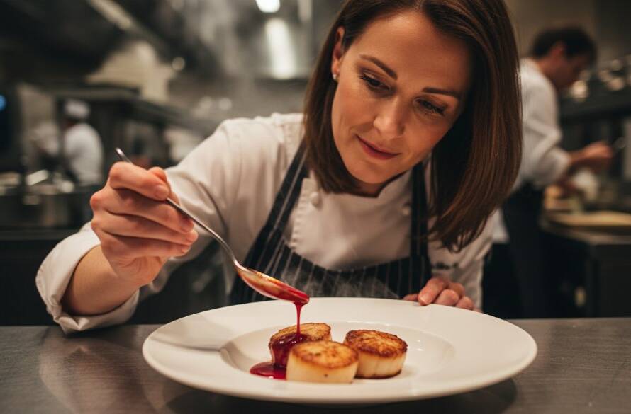 Captivating, wide-angle shot of a chef meticulously plating a gourmet dish in a warmly lit, bustling Ringwood restaurant kitchen. This 'epic moment' exemplifies Ringwood Victoria Food Photography elevating local dining visuals, focusing on the chef's hands and intricate details under dramatic, professional lighting.