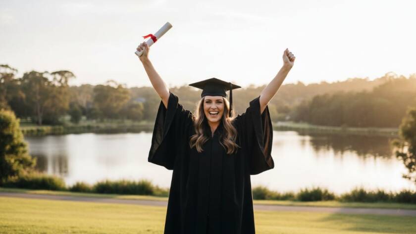 A jubilant graduate in their cap and gown, holding their degree high against a vibrant Ringwood park sunset, celebrating their Ringwood Victoria graduation photography portraits achievement with genuine joy and dynamic light.