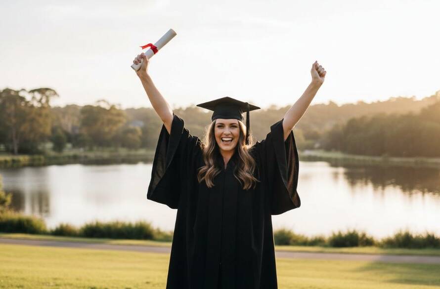 A jubilant graduate in their cap and gown, holding their degree high against a vibrant Ringwood park sunset, celebrating their Ringwood Victoria graduation photography portraits achievement with genuine joy and dynamic light.