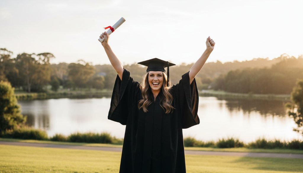 A jubilant graduate in their cap and gown, holding their degree high against a vibrant Ringwood park sunset, celebrating their Ringwood Victoria graduation photography portraits achievement with genuine joy and dynamic light.