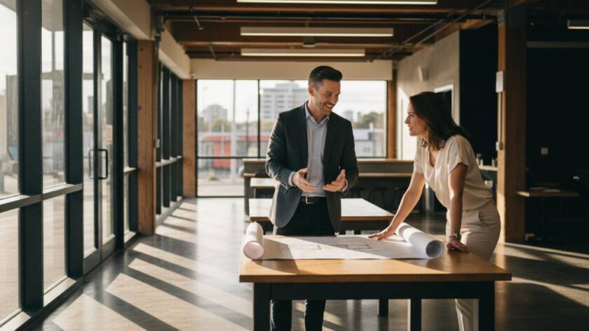 An epic moment captured through Ringwood Victoria professional personal branding photography, showing a confident male architect in a modern Ringwood co-working space, bathed in golden hour light, engaging with a client over blueprints, reflecting professionalism and expertise.