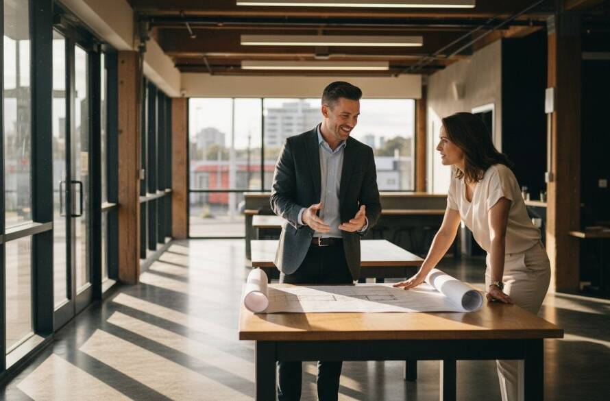 An epic moment captured through Ringwood Victoria professional personal branding photography, showing a confident male architect in a modern Ringwood co-working space, bathed in golden hour light, engaging with a client over blueprints, reflecting professionalism and expertise.
