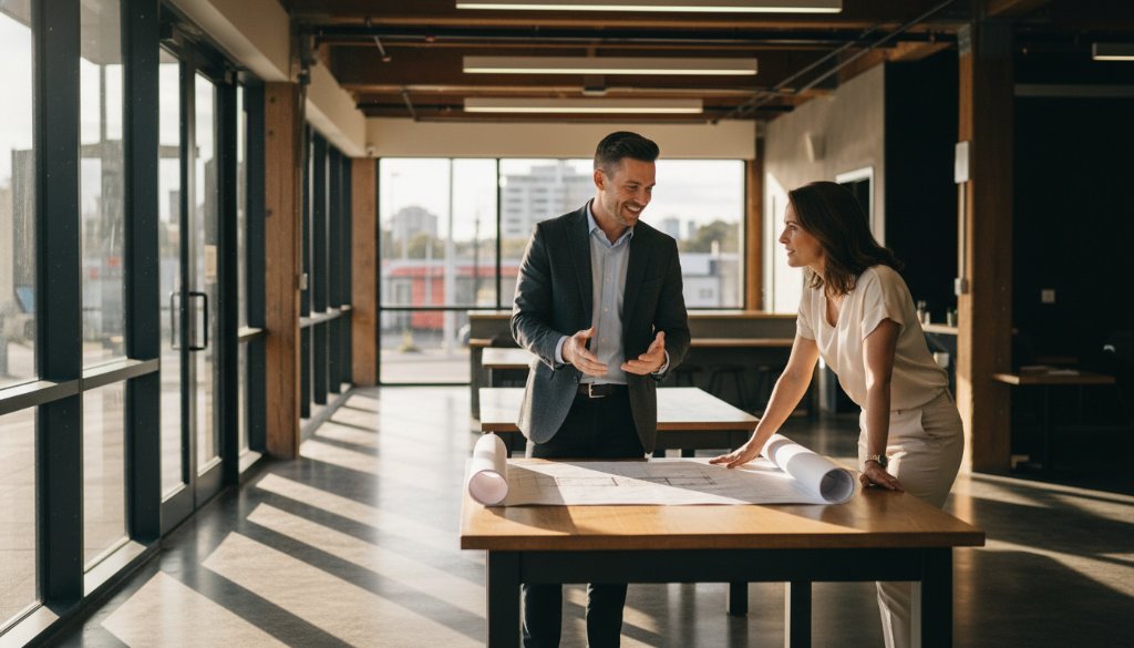 An epic moment captured through Ringwood Victoria professional personal branding photography, showing a confident male architect in a modern Ringwood co-working space, bathed in golden hour light, engaging with a client over blueprints, reflecting professionalism and expertise.