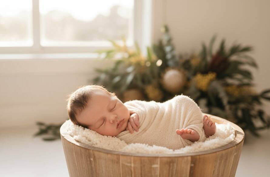 Close-up, heartwarming portrait showcasing Ringwood's gentle newborn photography sessions, featuring a tiny baby's feet lovingly held by parent's hands, bathed in soft, ethereal natural light, with a blurred, warm background suggesting a peaceful Ringwood home, professionally color-graded for an emotional, timeless feel.