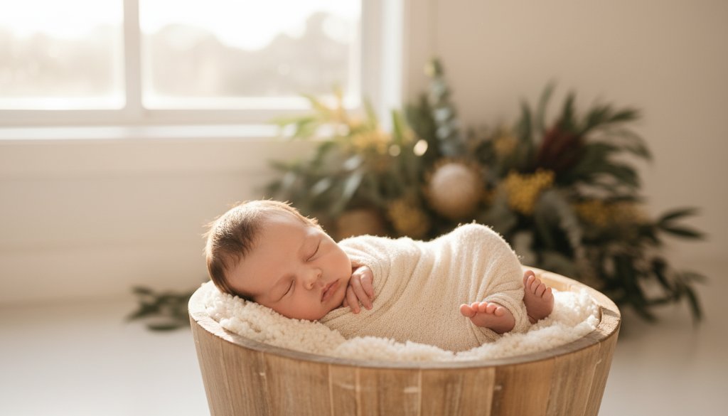 Close-up, heartwarming portrait showcasing Ringwood's gentle newborn photography sessions, featuring a tiny baby's feet lovingly held by parent's hands, bathed in soft, ethereal natural light, with a blurred, warm background suggesting a peaceful Ringwood home, professionally color-graded for an emotional, timeless feel.