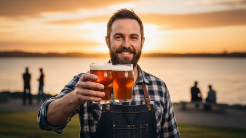 An epic, dramatically lit photograph for Rippleside advertising photography for Geelong brands, showcasing a local artisan meticulously crafting a custom surfboard against a backdrop of a vibrant Rippleside waterfront sunset, capturing the essence of local craftsmanship and entrepreneurial spirit.