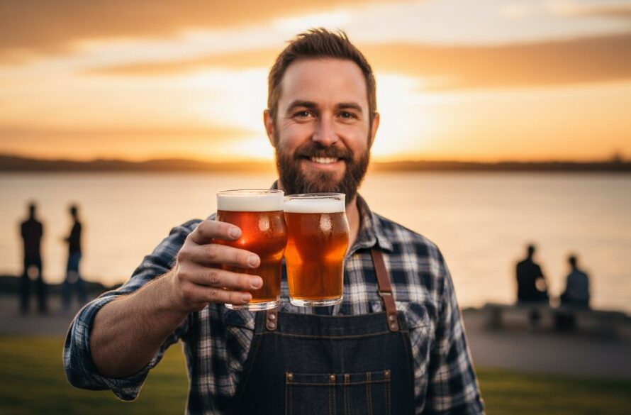 An epic, dramatically lit photograph for Rippleside advertising photography for Geelong brands, showcasing a local artisan meticulously crafting a custom surfboard against a backdrop of a vibrant Rippleside waterfront sunset, capturing the essence of local craftsmanship and entrepreneurial spirit.