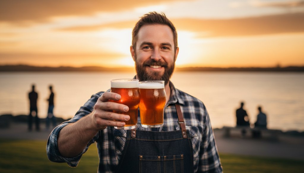 An epic, dramatically lit photograph for Rippleside advertising photography for Geelong brands, showcasing a local artisan meticulously crafting a custom surfboard against a backdrop of a vibrant Rippleside waterfront sunset, capturing the essence of local craftsmanship and entrepreneurial spirit.