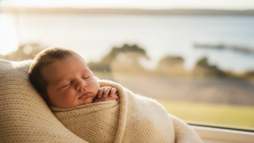 An artistic, high-contrast, black and white photograph capturing a baby sleeping peacefully wrapped in a soft blanket, gently held in a parent's hands, silhouetted against the morning light filtering through a window overlooking the Rippleside waterfront, embodying Rippleside Baby Photography Geelong Priceless Newborn Moments.
