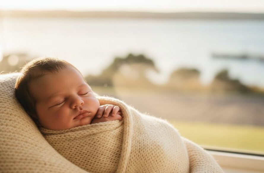 An artistic, high-contrast, black and white photograph capturing a baby sleeping peacefully wrapped in a soft blanket, gently held in a parent's hands, silhouetted against the morning light filtering through a window overlooking the Rippleside waterfront, embodying Rippleside Baby Photography Geelong Priceless Newborn Moments.