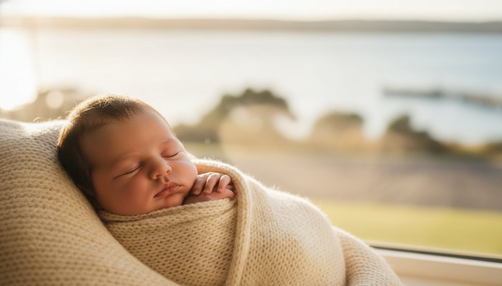 An artistic, high-contrast, black and white photograph capturing a baby sleeping peacefully wrapped in a soft blanket, gently held in a parent's hands, silhouetted against the morning light filtering through a window overlooking the Rippleside waterfront, embodying Rippleside Baby Photography Geelong Priceless Newborn Moments.
