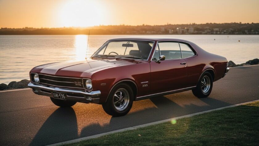 An epic moment captured in Rippleside classic car photography, featuring a pristine vintage muscle car parked along the scenic Corio Bay foreshore at sunset, its polished chrome glinting under dramatic golden hour light, reflecting the calm waters and distant Geelong city lights, professional cinematic shot.