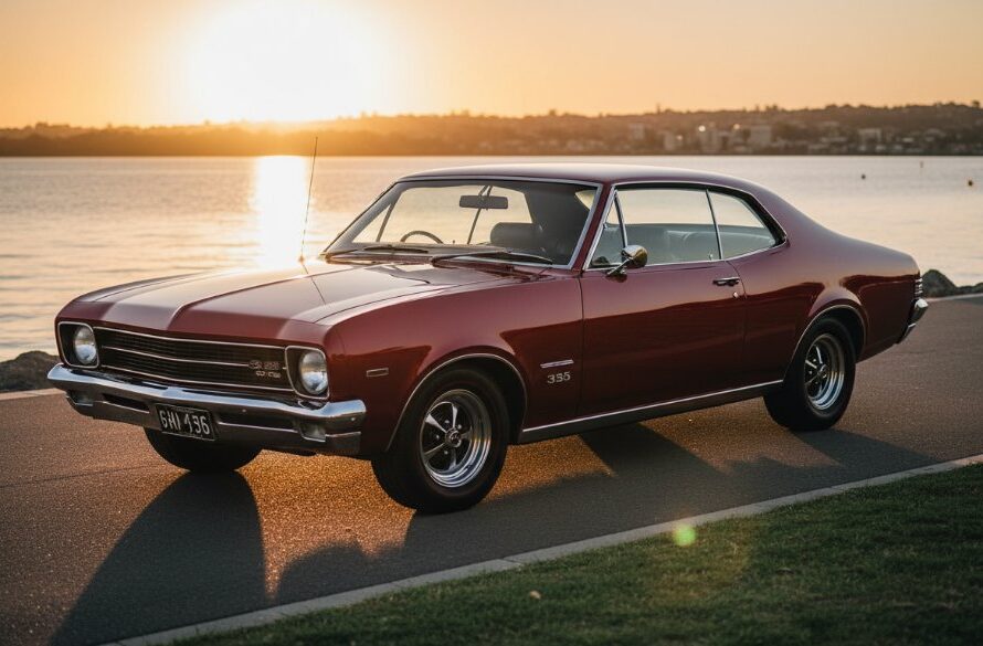 An epic moment captured in Rippleside classic car photography, featuring a pristine vintage muscle car parked along the scenic Corio Bay foreshore at sunset, its polished chrome glinting under dramatic golden hour light, reflecting the calm waters and distant Geelong city lights, professional cinematic shot.