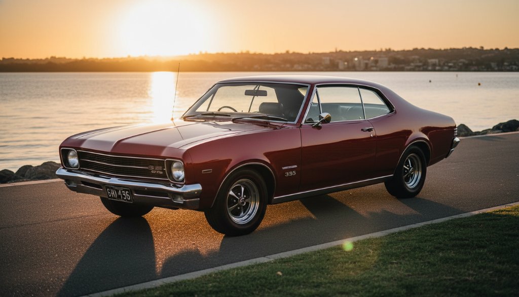 An epic moment captured in Rippleside classic car photography, featuring a pristine vintage muscle car parked along the scenic Corio Bay foreshore at sunset, its polished chrome glinting under dramatic golden hour light, reflecting the calm waters and distant Geelong city lights, professional cinematic shot.