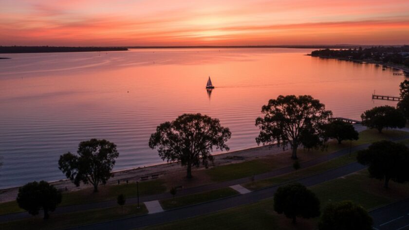 An epic moment captured with Rippleside drone photography for stunning waterfront views, showcasing a vibrant sunset over Corio Bay with the Rippleside foreshore and a lone kayaker in the foreground, professional colour grading and cinematic appeal.