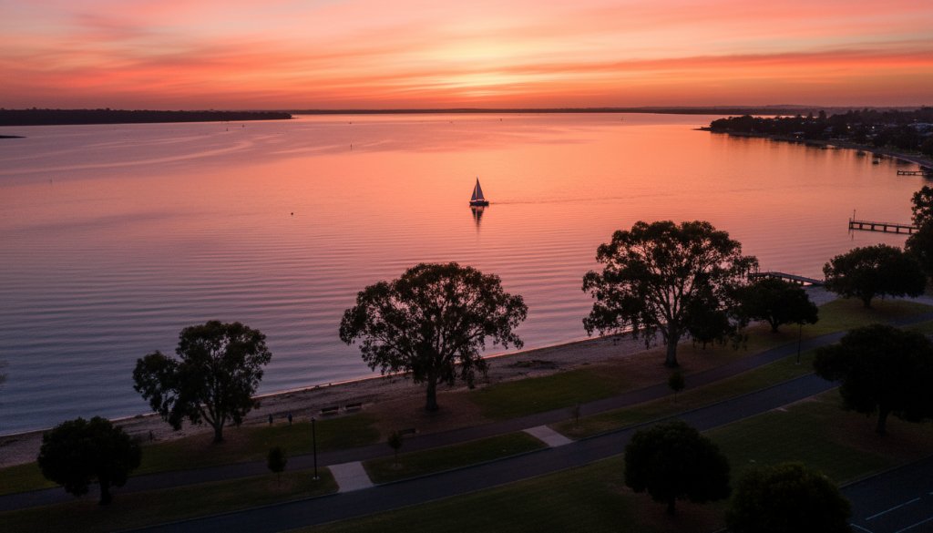 An epic moment captured with Rippleside drone photography for stunning waterfront views, showcasing a vibrant sunset over Corio Bay with the Rippleside foreshore and a lone kayaker in the foreground, professional colour grading and cinematic appeal.