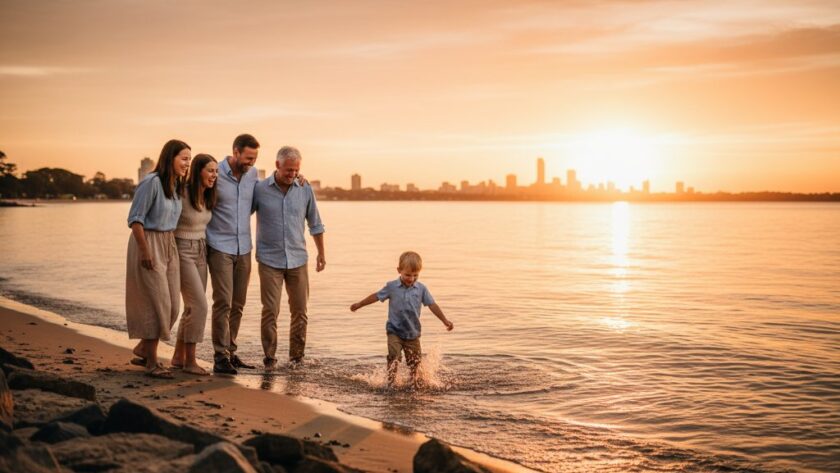 An epic moment captured in Rippleside family photography Geelong waterfront memories, featuring a joyous family silhouetted against a golden sunset over Corio Bay, laughing as they walk hand-in-hand along the shore, with soft dramatic light.