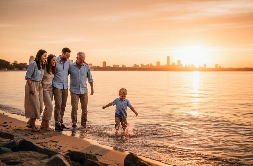 An epic moment captured in Rippleside family photography Geelong waterfront memories, featuring a joyous family silhouetted against a golden sunset over Corio Bay, laughing as they walk hand-in-hand along the shore, with soft dramatic light.