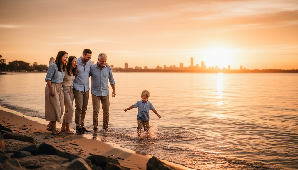 An epic moment captured in Rippleside family photography Geelong waterfront memories, featuring a joyous family silhouetted against a golden sunset over Corio Bay, laughing as they walk hand-in-hand along the shore, with soft dramatic light.