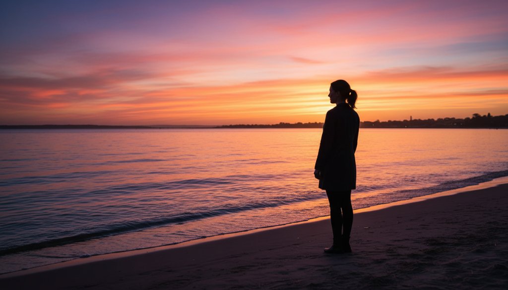 An aerial perspective showcasing Rippleside fine art photography capturing coastal serenity, featuring a lone figure contemplating the dramatic sunrise over Corio Bay, with soft, golden light illuminating the gentle waves and the distant silhouette of the city, professionally colour-graded for a cinematic feel.