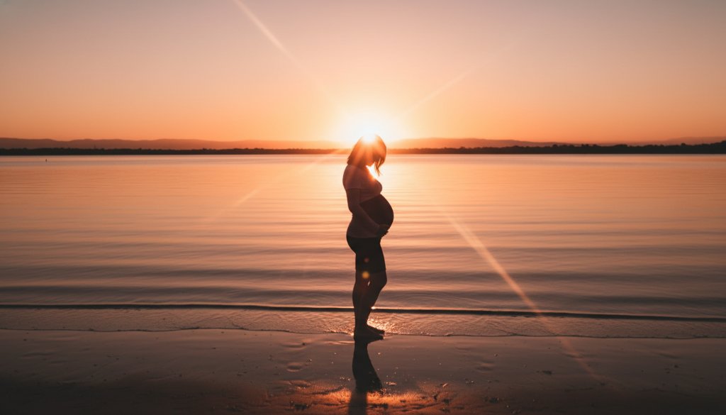 A pregnant woman, beautifully silhouetted against a dramatic Rippleside maternity photography sunset, cradles her belly on the shore of Corio Bay, capturing an epic moment of serene anticipation and golden light.