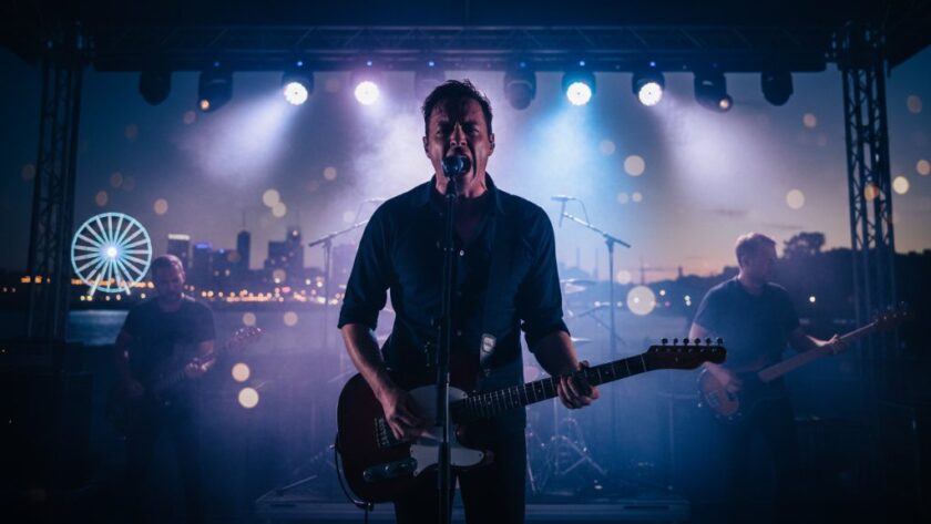 Dynamic wide shot capturing an epic moment of a local band performing on an outdoor stage at dusk, with the shimmering Geelong waterfront and Rippleside cityscape subtly blurred in the background, expertly framed by Image by SD's Rippleside music photography capturing Geelong waterfront vibes.