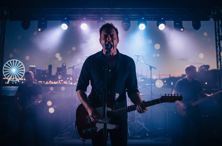 Dynamic wide shot capturing an epic moment of a local band performing on an outdoor stage at dusk, with the shimmering Geelong waterfront and Rippleside cityscape subtly blurred in the background, expertly framed by Image by SD's Rippleside music photography capturing Geelong waterfront vibes.
