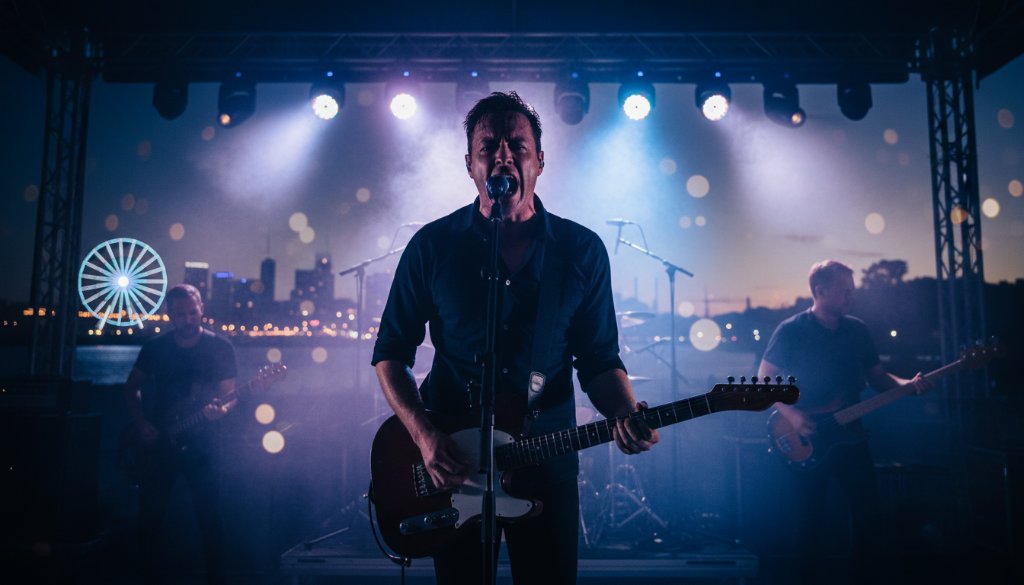Dynamic wide shot capturing an epic moment of a local band performing on an outdoor stage at dusk, with the shimmering Geelong waterfront and Rippleside cityscape subtly blurred in the background, expertly framed by Image by SD's Rippleside music photography capturing Geelong waterfront vibes.