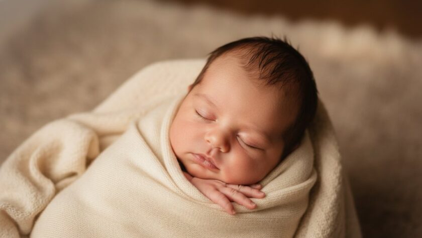 A serene, close-up, high-angle shot capturing Rippleside newborn photography natural light portraits, showing a peacefully sleeping baby swaddled in soft cream fabric, bathed in warm, gentle morning light streaming through a window, with tiny fingers curled, conveying purity and new beginnings. Professional, color-graded, cinematic.