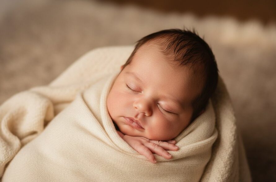 A serene, close-up, high-angle shot capturing Rippleside newborn photography natural light portraits, showing a peacefully sleeping baby swaddled in soft cream fabric, bathed in warm, gentle morning light streaming through a window, with tiny fingers curled, conveying purity and new beginnings. Professional, color-graded, cinematic.