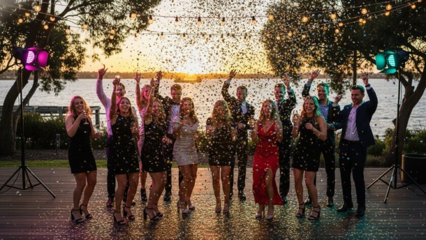 An ecstatic group of friends cheering at a vibrant Rippleside party photography capturing Geelong joy, with colourful balloons and dynamic lighting highlighting their joyous expressions near the Rippleside foreshore.
