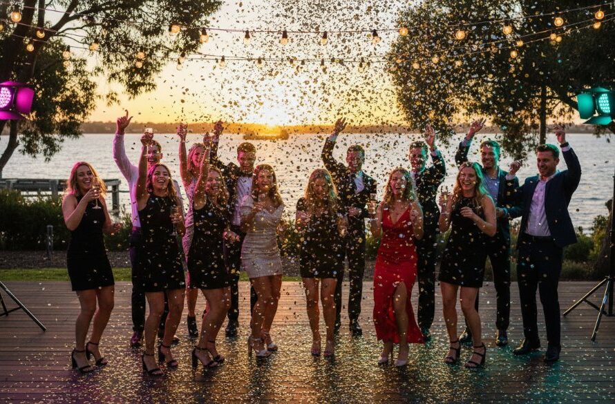 An ecstatic group of friends cheering at a vibrant Rippleside party photography capturing Geelong joy, with colourful balloons and dynamic lighting highlighting their joyous expressions near the Rippleside foreshore.